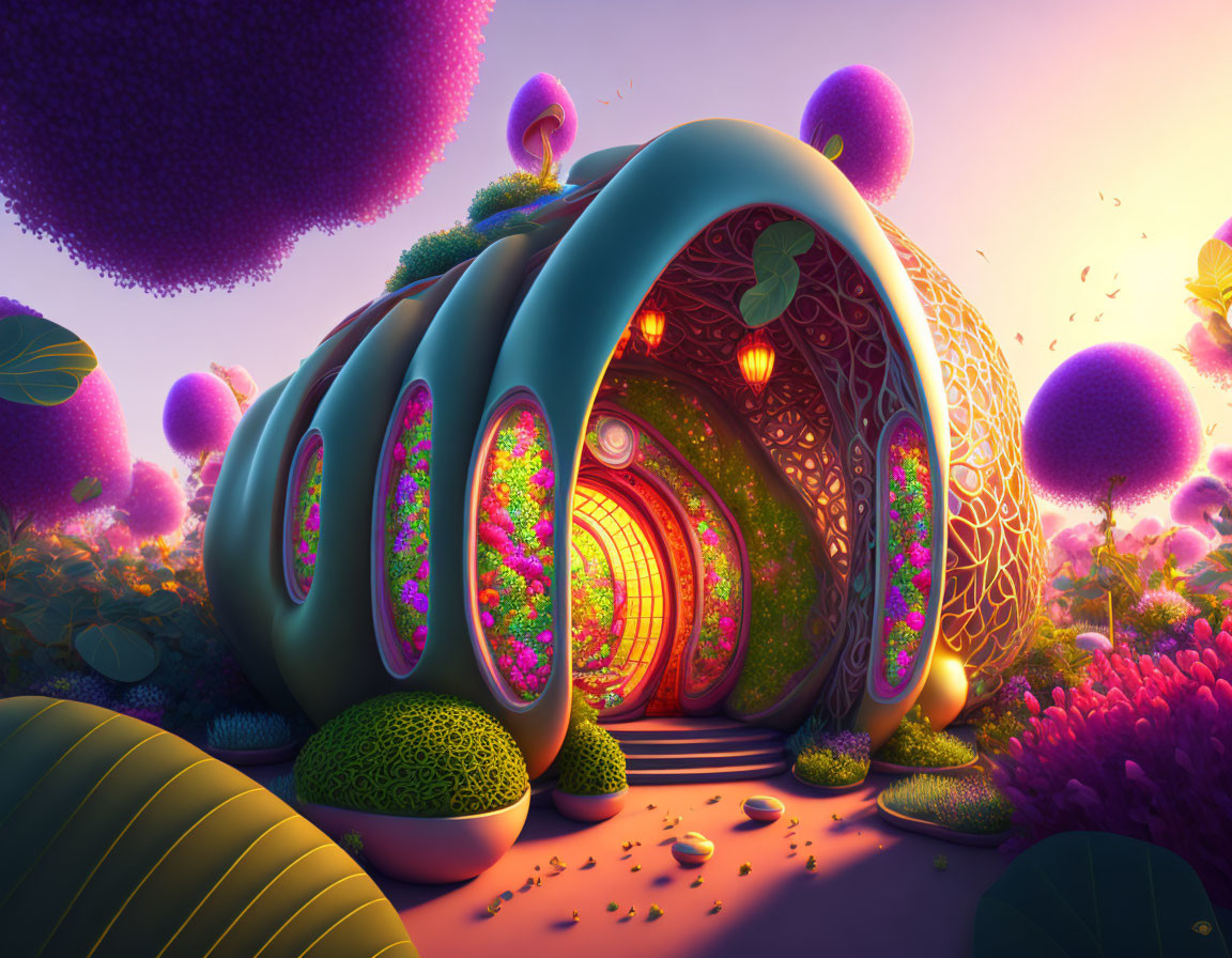 Colorful Organic-Shaped Structure in Whimsical Fairy-Tale Landscape