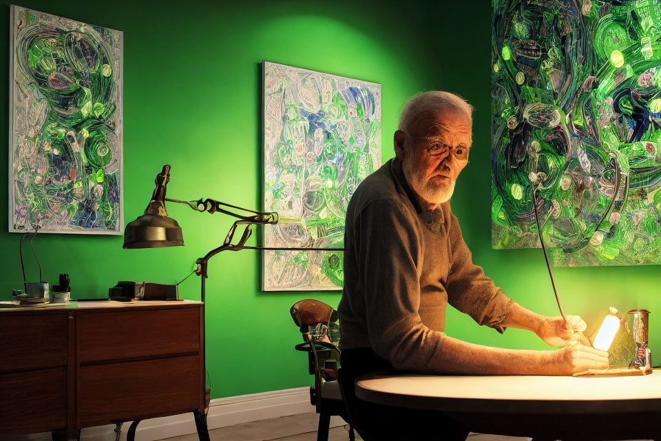 White-bearded man writing at desk under lamp in vibrant green room