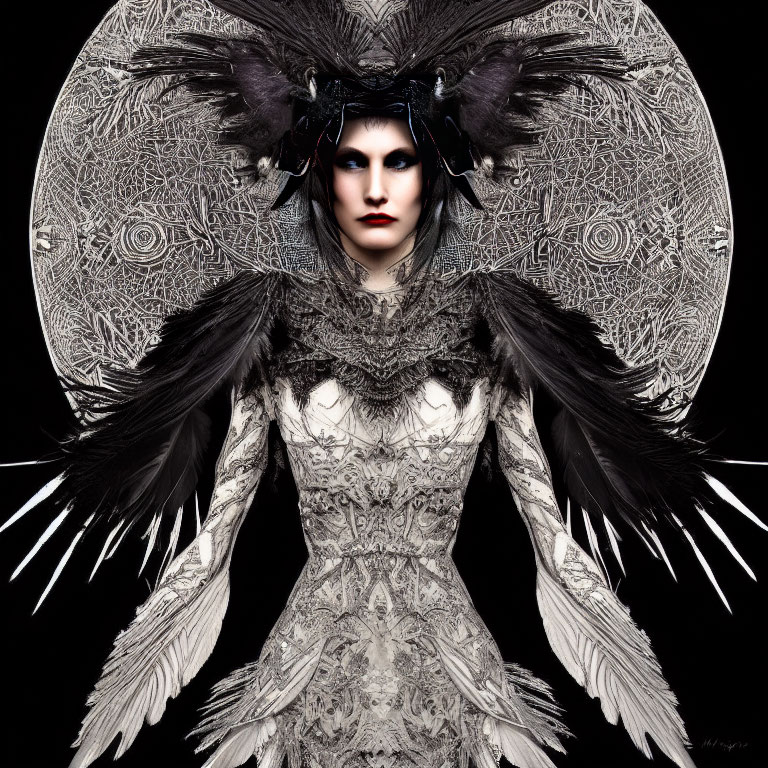 Intricate lace dress and feathered headpiece on gothic woman