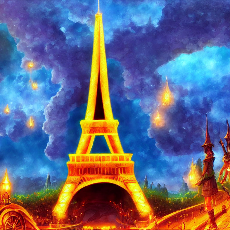 Colorful Eiffel Tower illustration at dusk with floating lanterns and silhouettes.