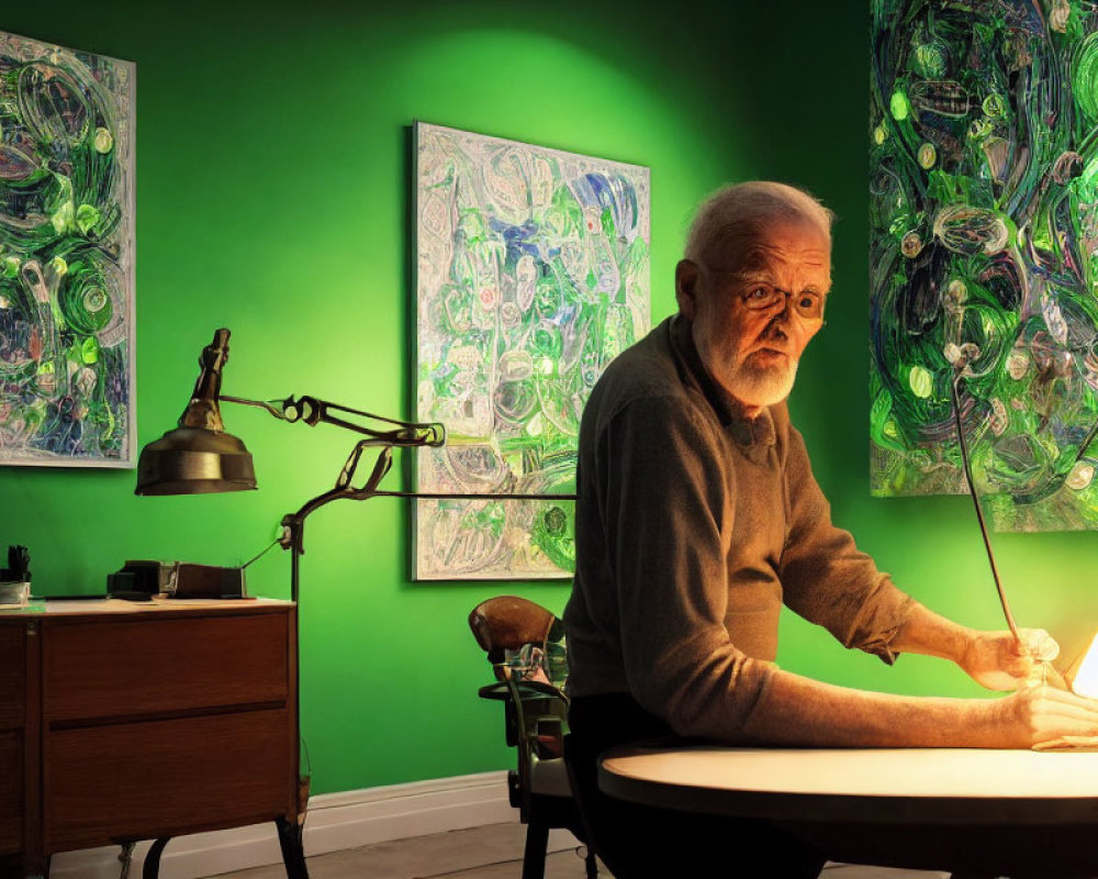 White-bearded man writing at desk under lamp in vibrant green room