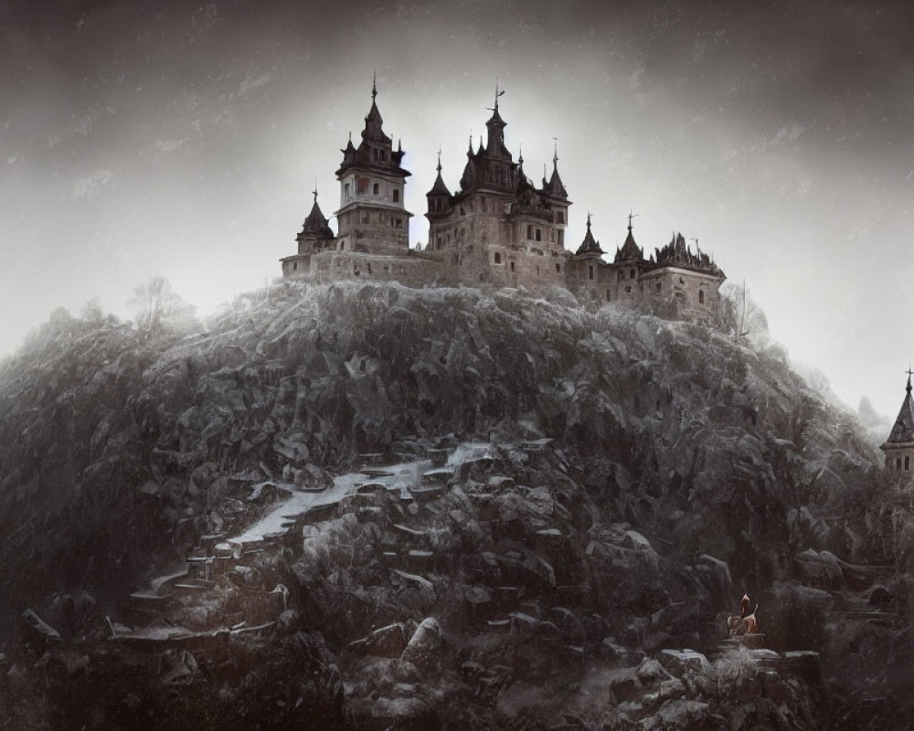 Fantasy castle with multiple spires on rugged hill at twilight