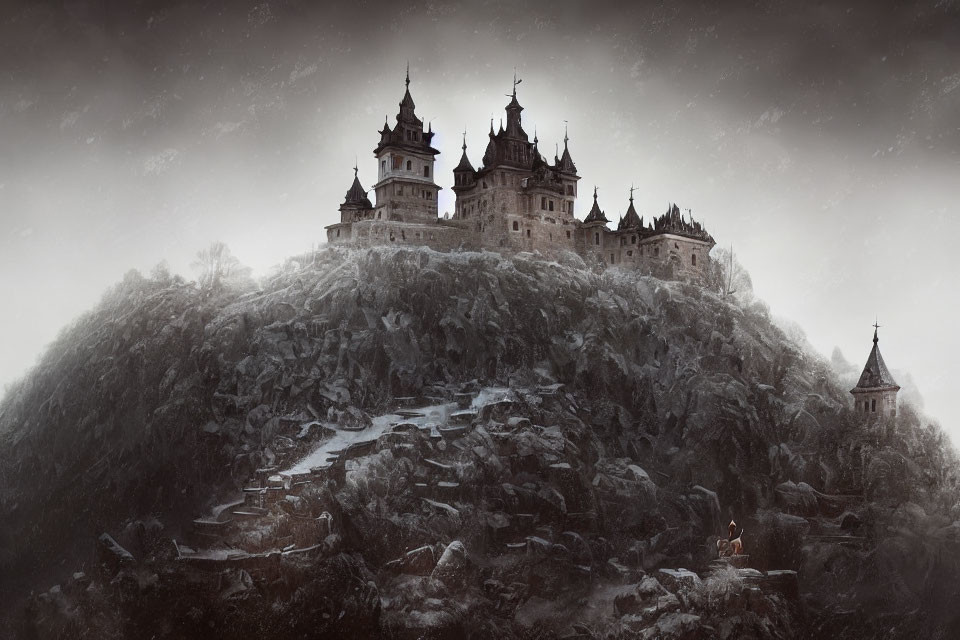 Fantasy castle with multiple spires on rugged hill at twilight