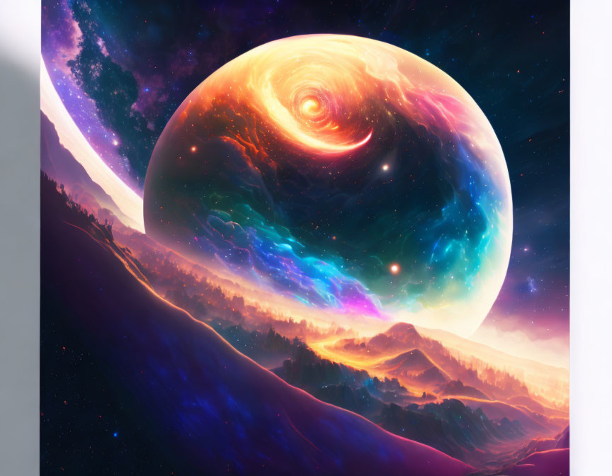 Colorful surreal landscape with massive swirling planet in sky