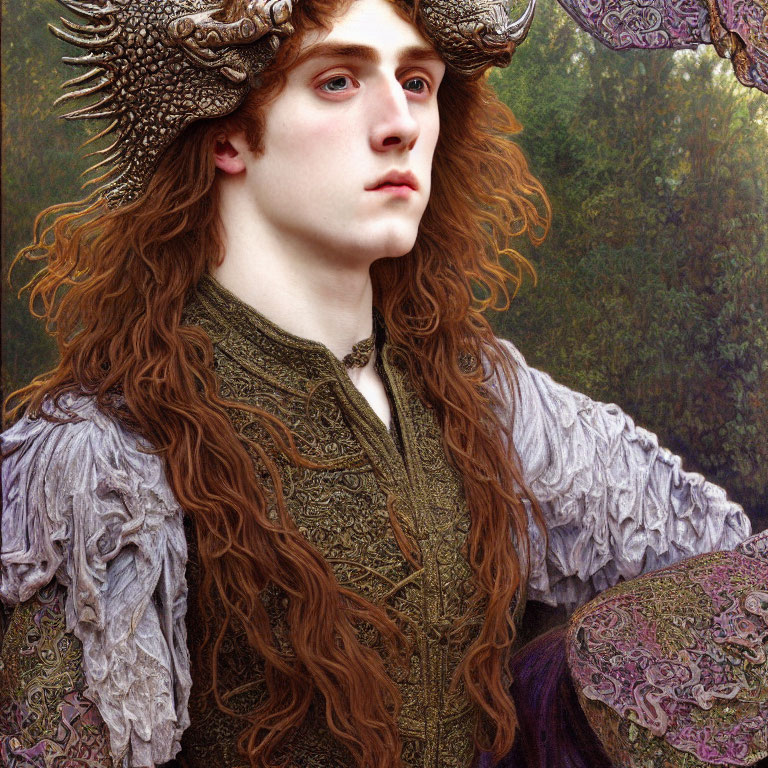 Fantasy portrait featuring person with ornate horns and curly red hair