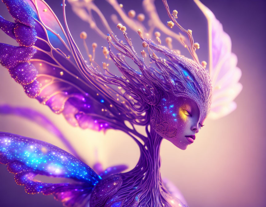 Fantasy creature digital artwork with elegant neck and cosmic-themed wings