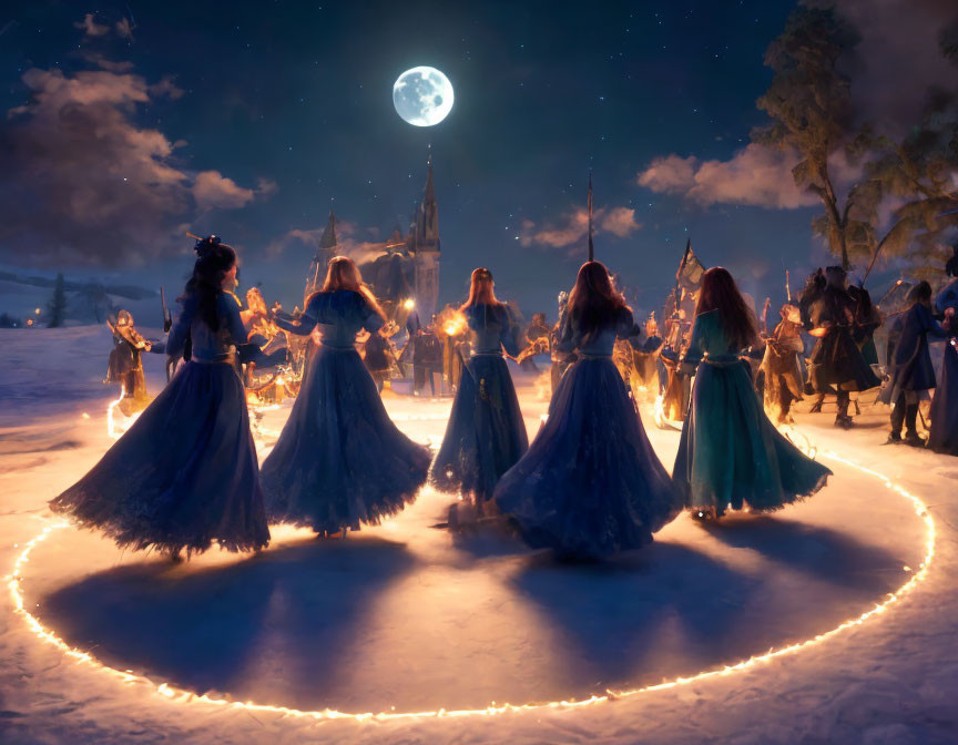 Medieval-themed group under full moon in snowy night with castle backdrop