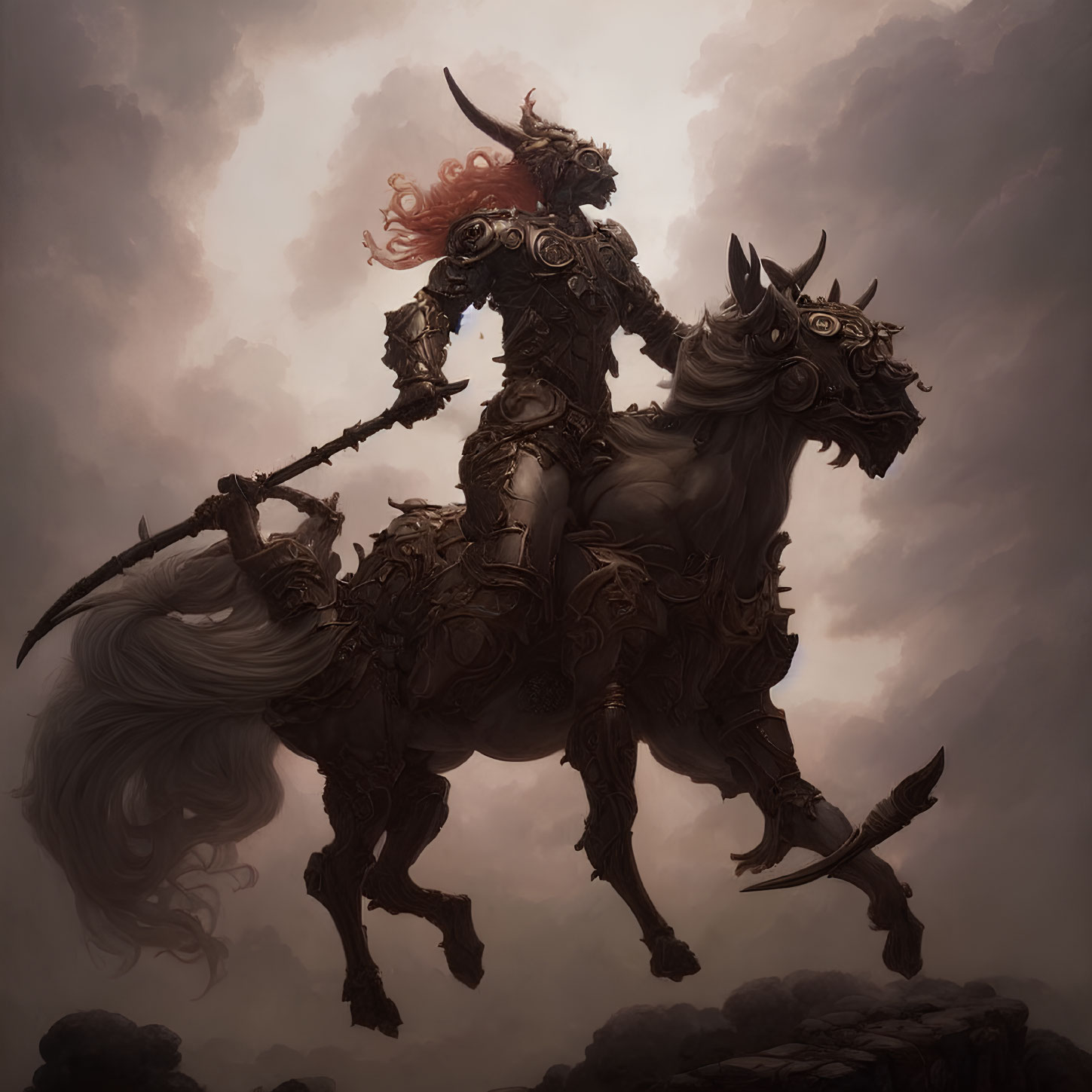 Ornate armored knight on horseback in dramatic clouds