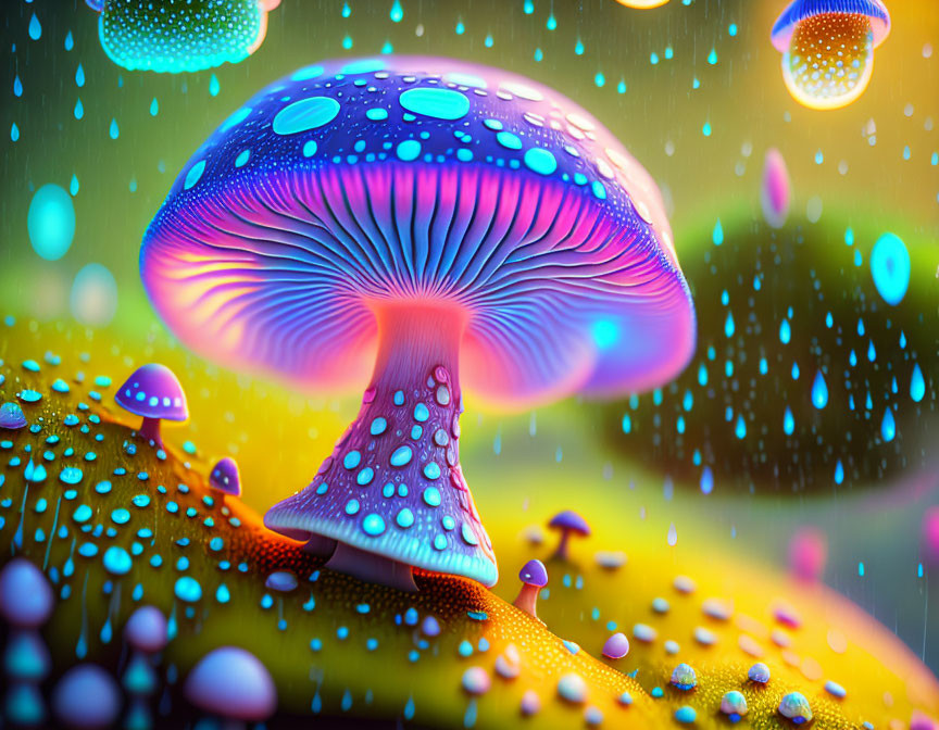 Neon-colored fantasy mushrooms with large blue and purple foreground.