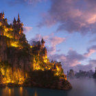 Fantasy castle with multiple towers on cliff at dusk