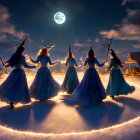 Medieval-themed group under full moon in snowy night with castle backdrop