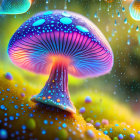 Neon-colored fantasy mushrooms with large blue and purple foreground.