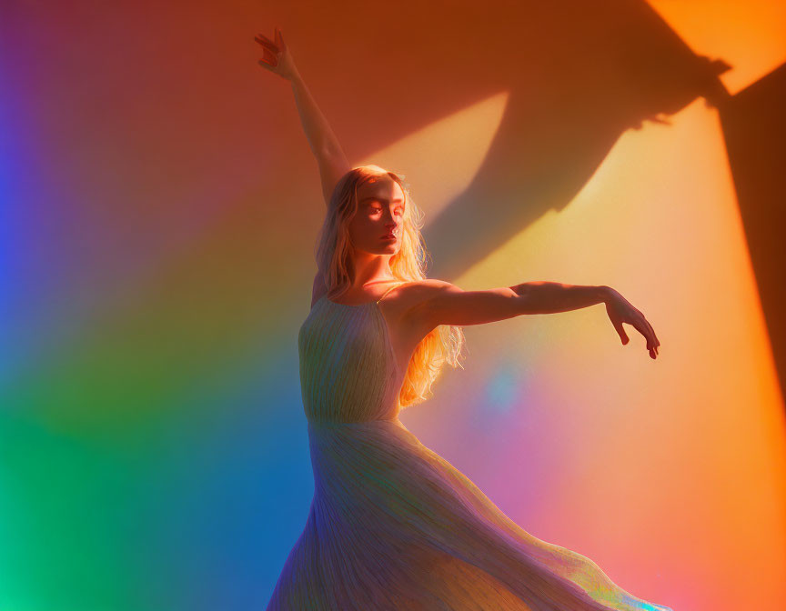 Woman dancing in flowing dress with colorful light and shadow on wall