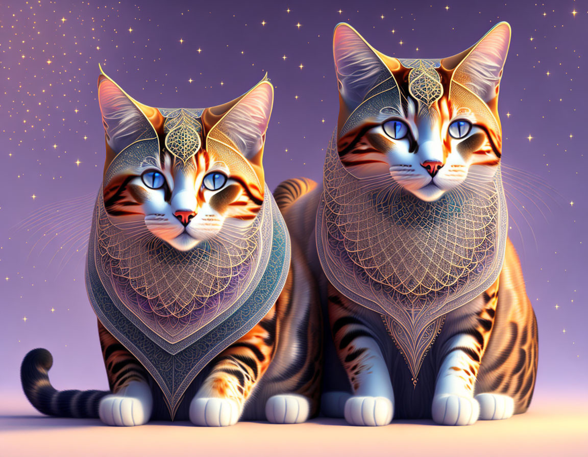 Ornately Decorated Digital Art Cats with Bright Blue Eyes