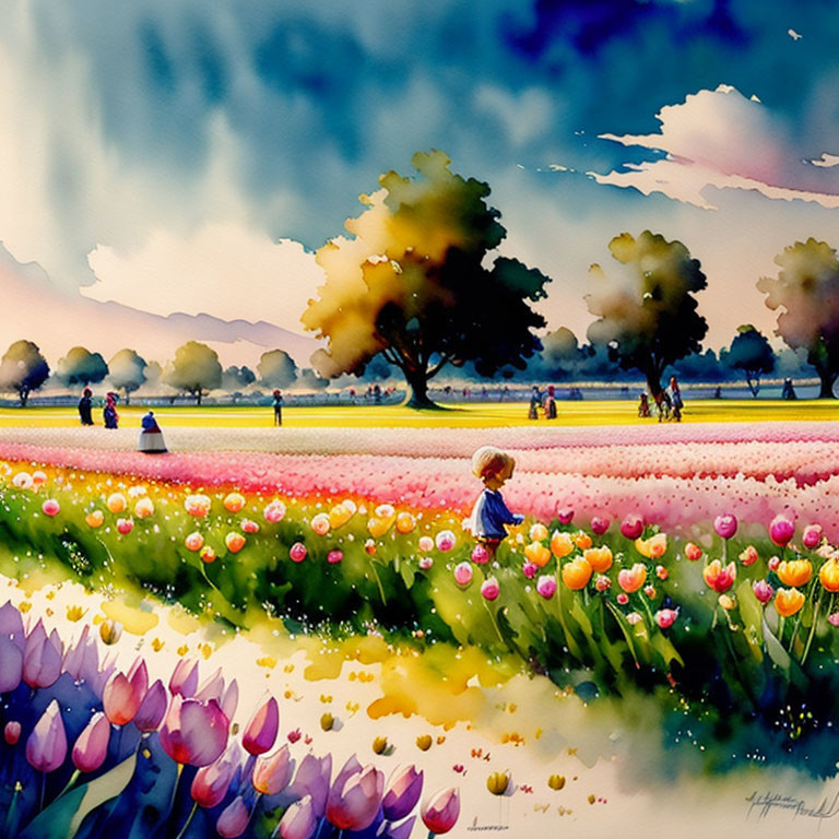 Vibrant watercolor painting of tulip field with people and child, trees, blue skies