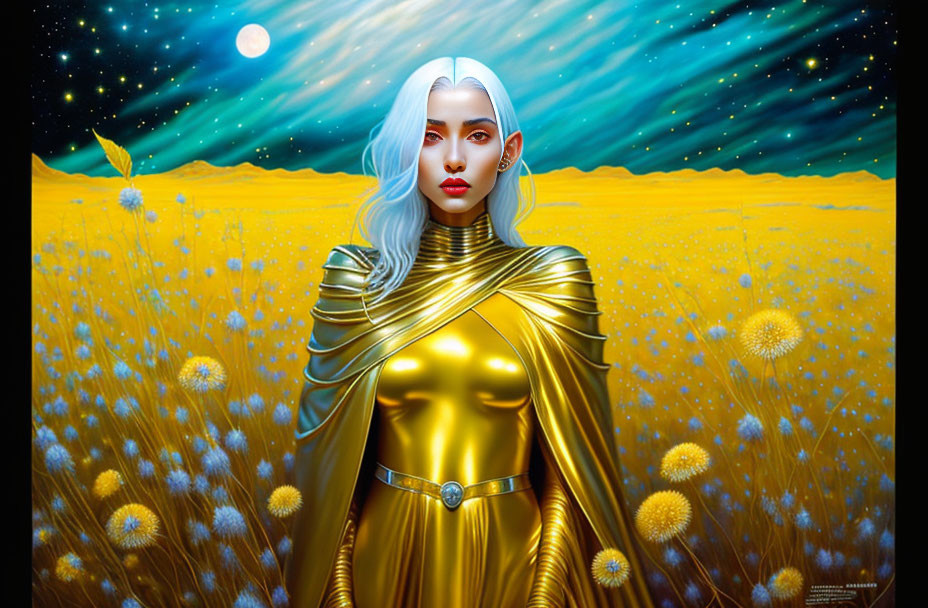 Digital artwork of woman with white hair in golden attire in blooming yellow field under starry sky with