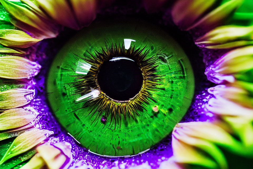 Vivid green eye with black pupil and purple petals in close-up view