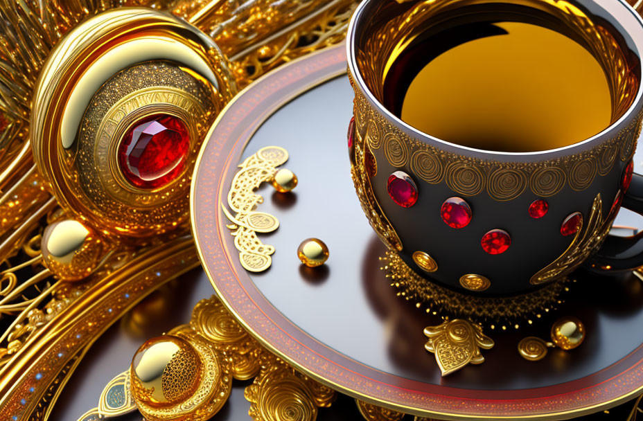 Luxurious Golden Cup and Saucer with Red Gems and Jewelry on Reflective Surface