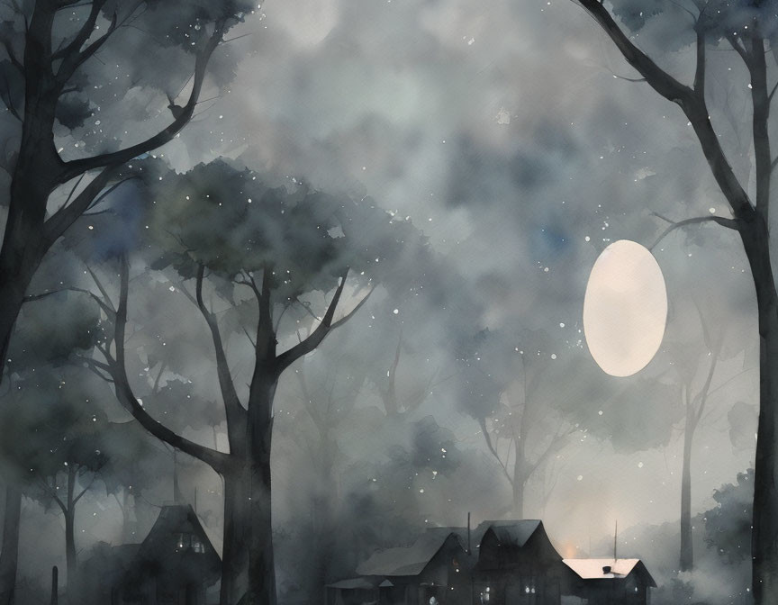 Misty forest watercolor painting with glowing moon and silhouetted trees