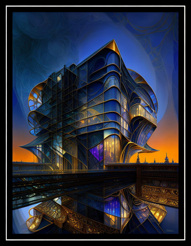 Futuristic building with flowing lines in orange sunset sky