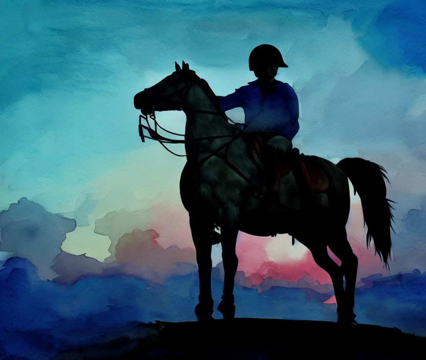 Equestrian scene: Rider on horse in silhouette against blue and pink watercolor sky