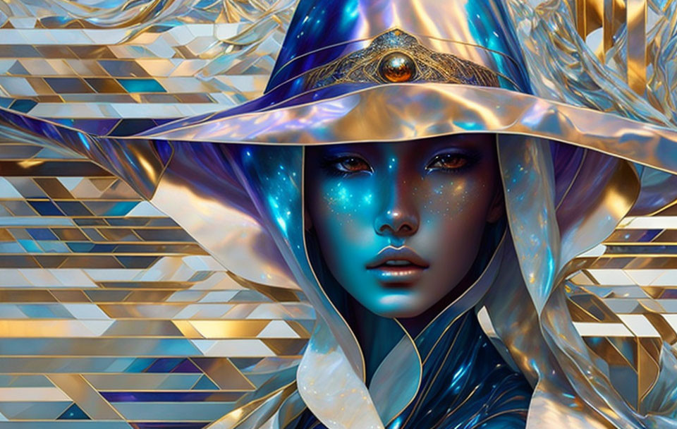 Digital artwork of mystical woman with blue skin and cosmic patterns, draped in golden fabric against geometric backdrop