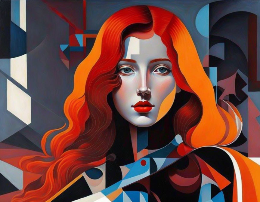 Stylized portrait of a woman with red hair and blue eyes on cubist-style background