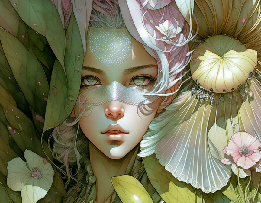 Ethereal illustration of a person with delicate features and botanical elements