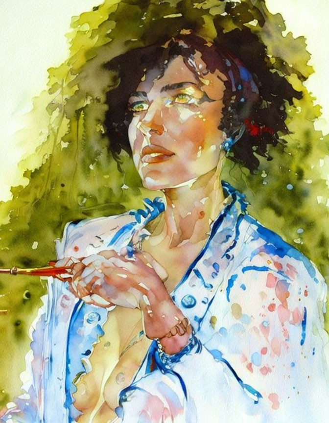 Vibrant watercolor portrait of a contemplative woman with paintbrush in abstract setting