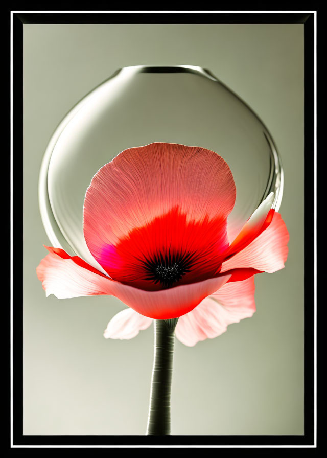 Vibrant red poppy magnified through convex glass on soft green background