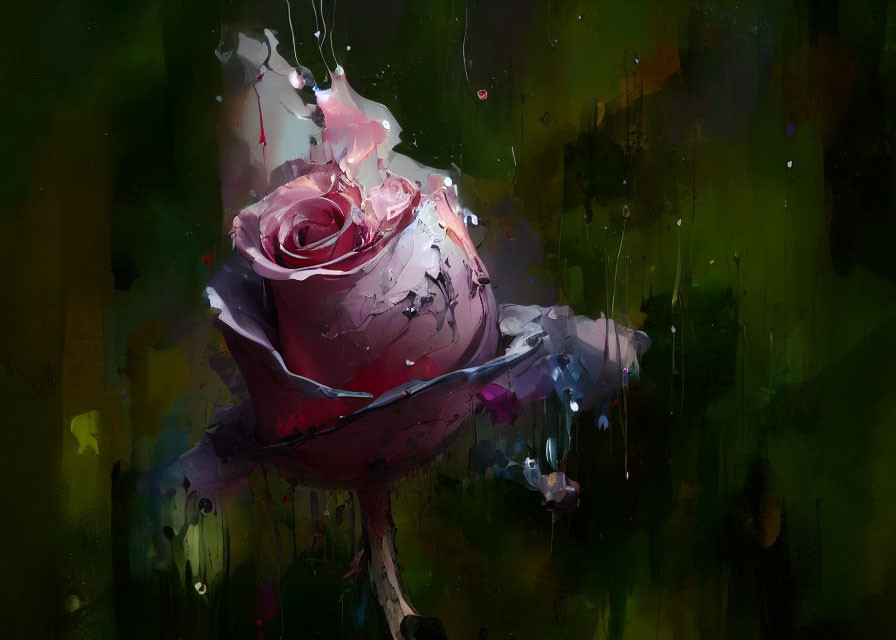 Pink Rose Digital Painting with White and Magenta Splashes on Dark Green Background