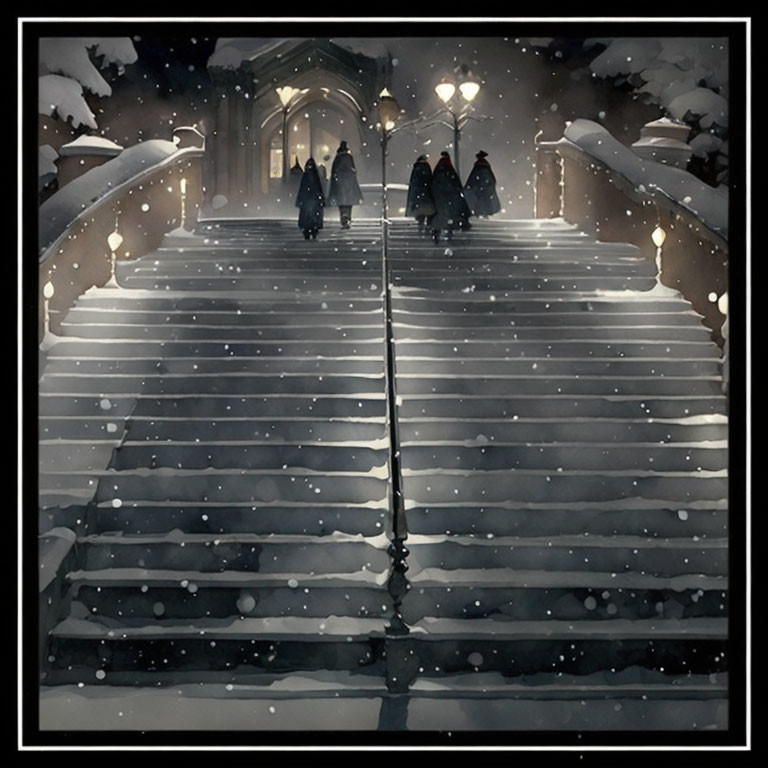 Snow-covered staircase with figures under night sky evokes serene winter scene