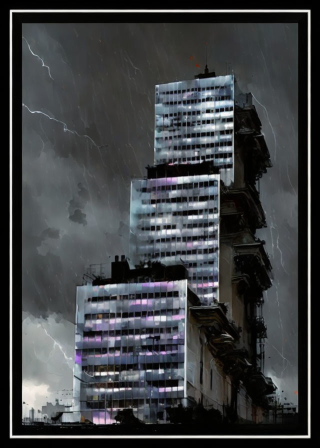 Illuminated futuristic skyscrapers under stormy sky with lightning