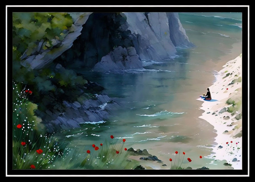 Tranquil river landscape with cliffs, boat, greenery, and red flowers