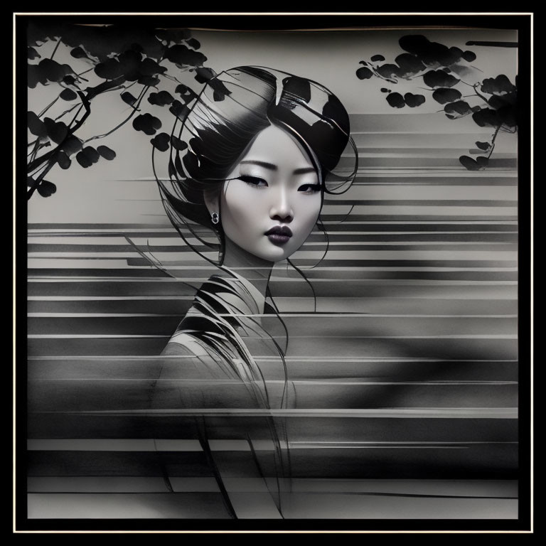 Stylized Asian woman in traditional headwear among tree branch silhouettes