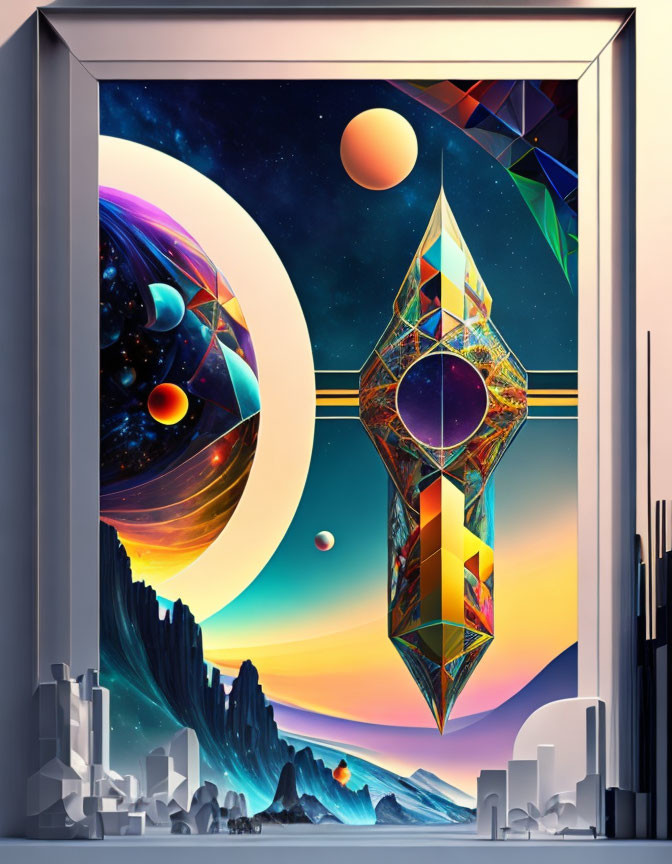 Surreal cosmic landscape with floating crystal and futuristic city elements