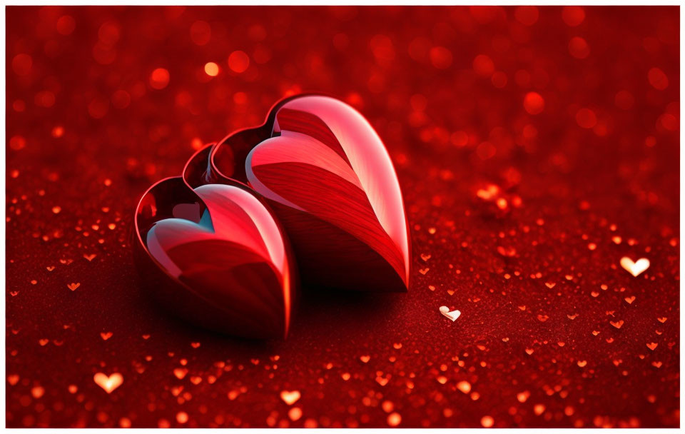 Red Heart Shapes on Sparkling Background with Scattered Hearts