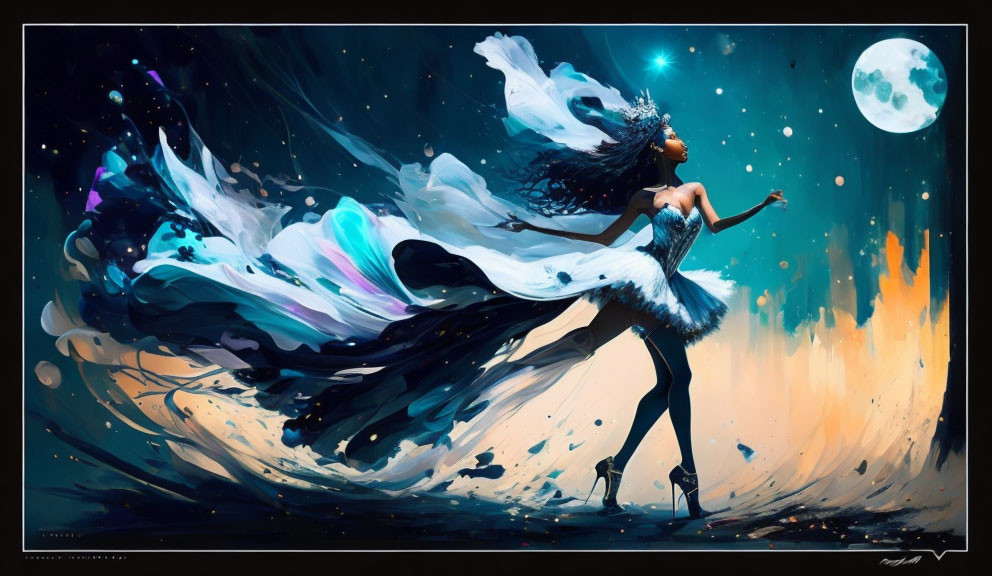 Surreal digital art: ethereal woman reaching for vibrant moon in dynamic background