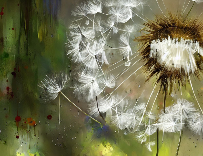 Dandelion seeds dispersing in misty, colorful backdrop