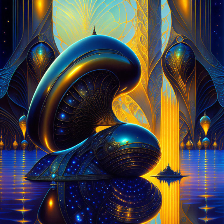 Shimmering blue creature in golden fantasy world artwork