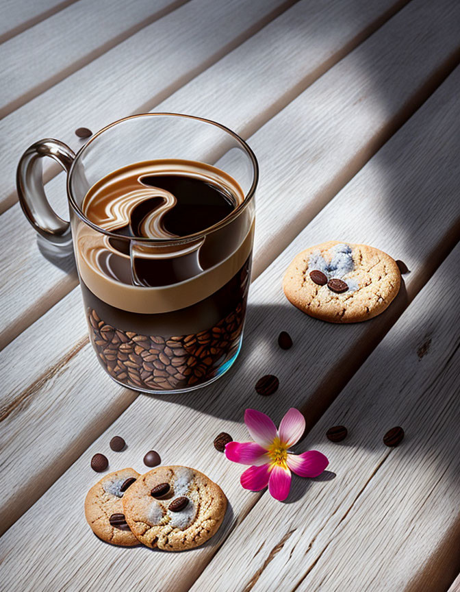 Coffee with Cream Swirls, Chocolate Chip Cookies, and Coffee Beans on Wooden Surface with Pink Flower