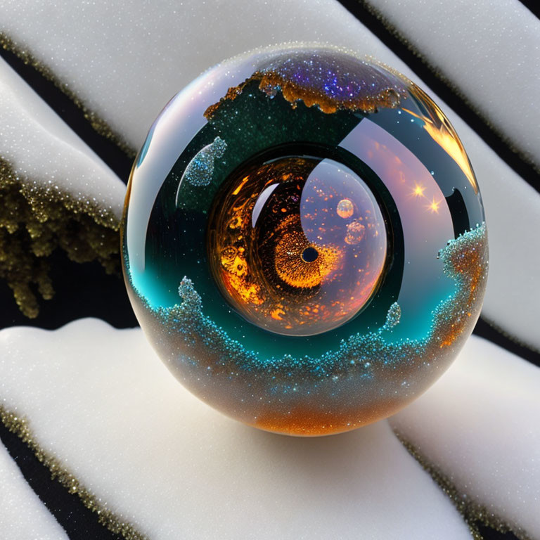 Shiny glass sphere on white surface with intricate golden pattern