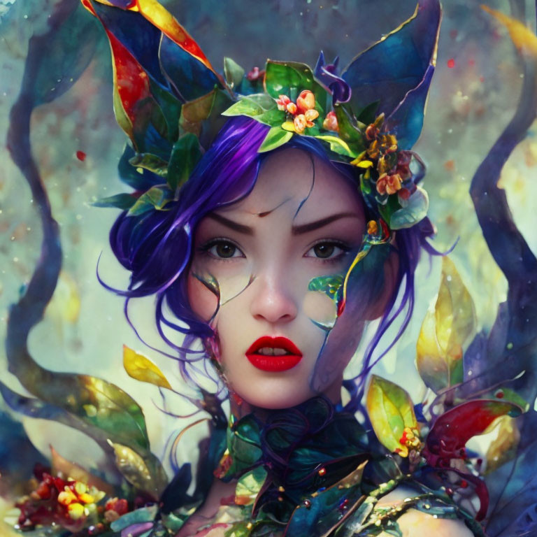 Portrait of woman with purple hair and floral crown in mystical setting