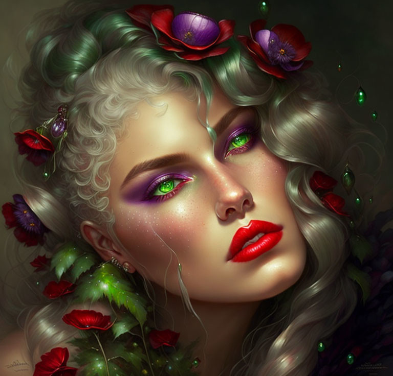 Woman portrait with green and purple tones, curly hair, flowers, green eyes, red lips, butterflies