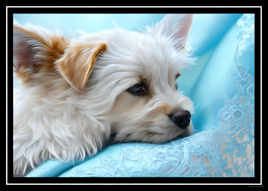 Fluffy white and tan dog on blue floral fabric, looking thoughtful