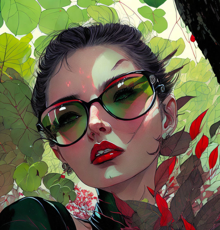 Stylish Woman with Large Glasses in Lush Greenery & Red Accents