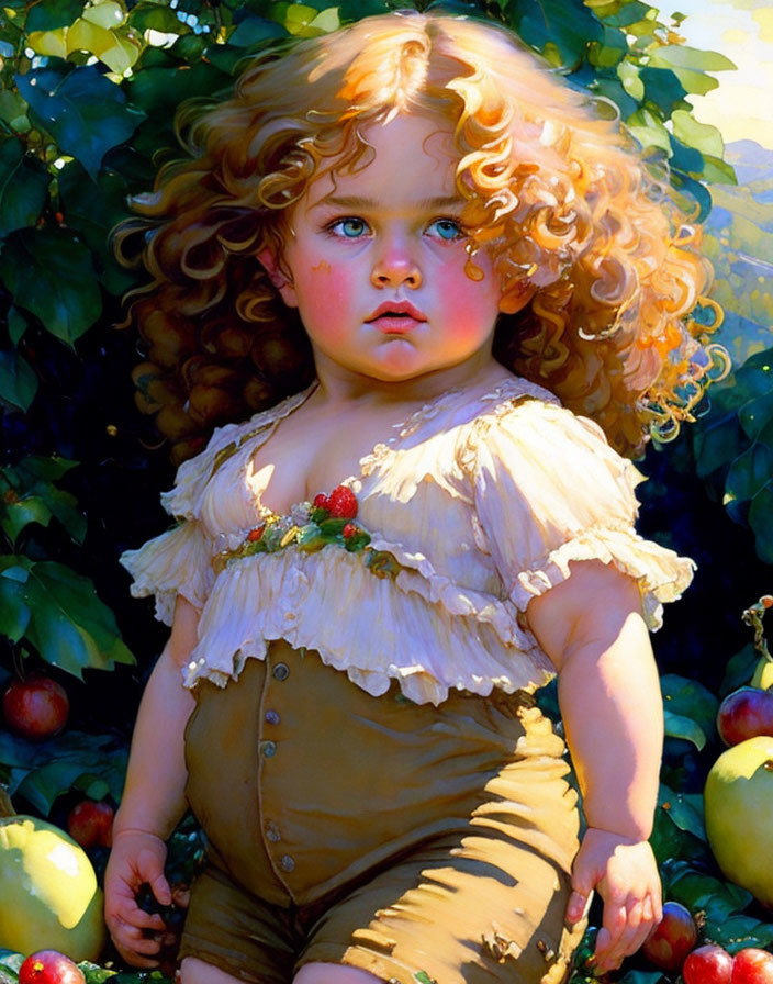 Portrait of a Young Child in Cream Ruffled Top Surrounded by Green Foliage