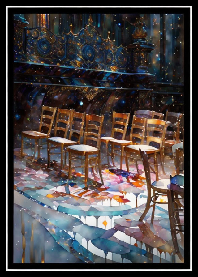 Illustrated scene: Wooden chairs, tables on mosaic floor under starry sky with celestial decorations.