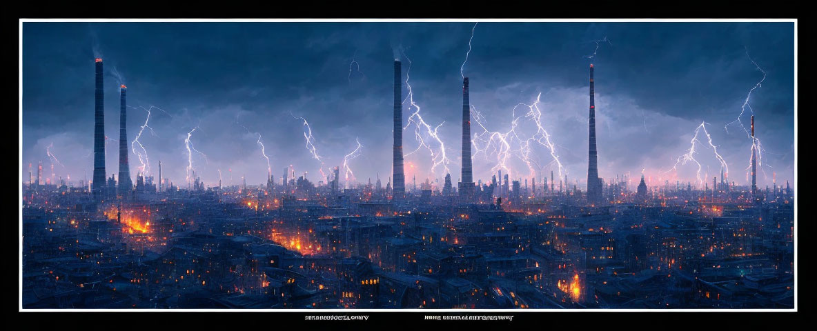 Industrial city skyline at dusk with lightning strikes, smokestacks, and fiery glows.