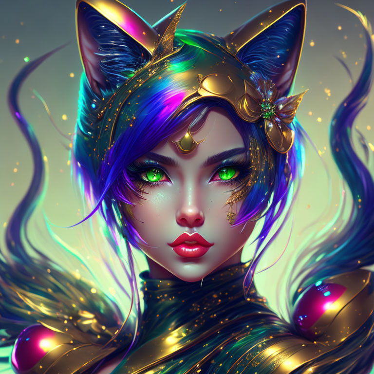 Fantasy character with cat-like features and vibrant blue and purple hair